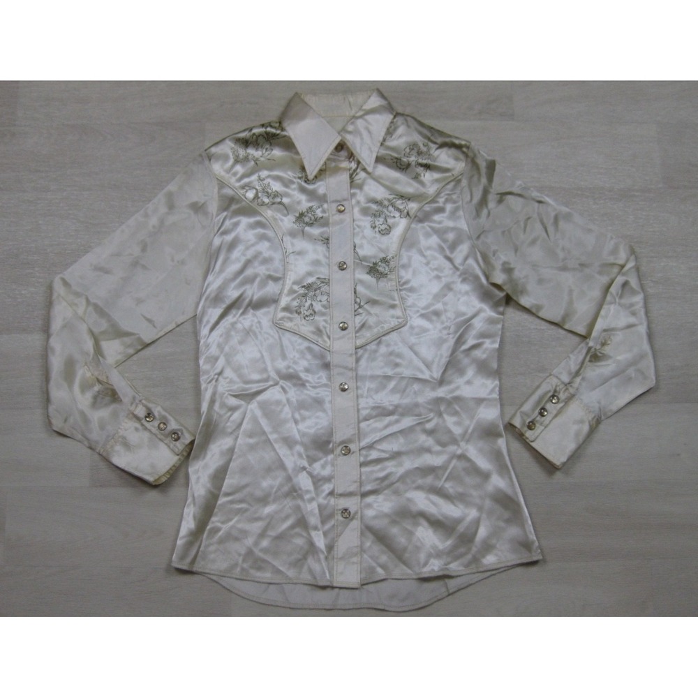 Vintage 70s Wrangler Shirt Womens (30) Satin Pearl Snap‎ Western Cowgirl Floral